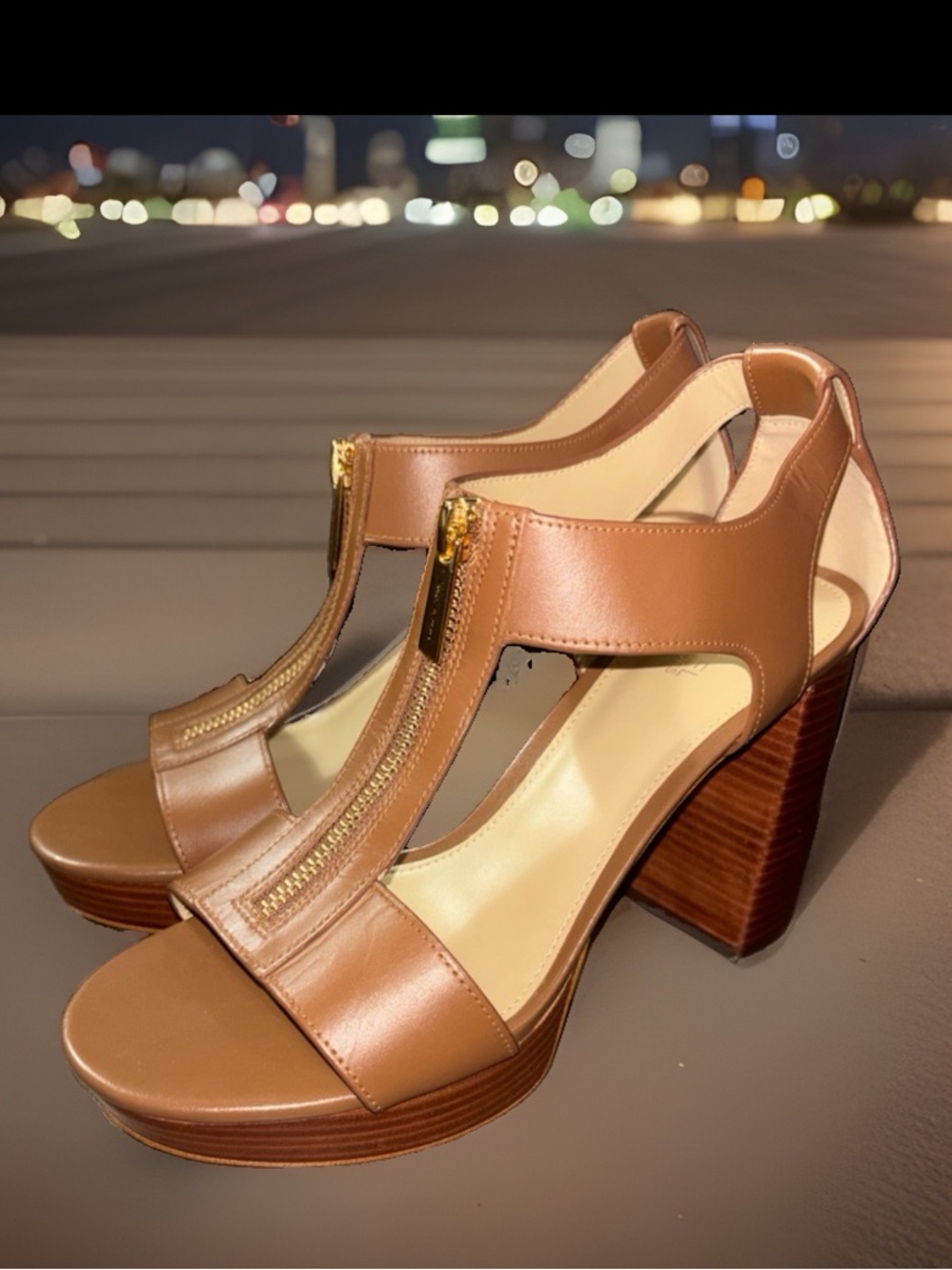 MICHAEL Michael Kors Berkley Leather Block-Heel Sandal in Luggage, Women’s 8.5